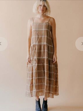 Tiered Checked Midi Sundress in Brown